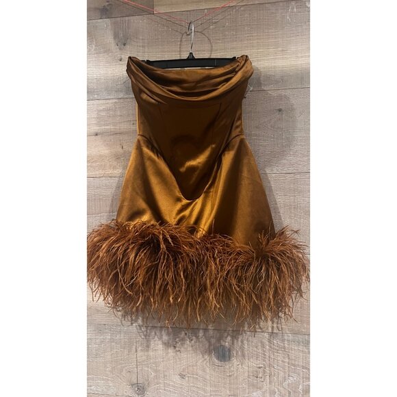 DELFI COLLECTIVE Adrienne Ostrich Feather Strapless bronze Mini dress size M - Picture 4 of 11